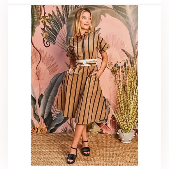 Buru Dresses & Skirts - Buru Brown Striped Shirt Dress Midi Belted Button Front Collar Short Sleeve sz s